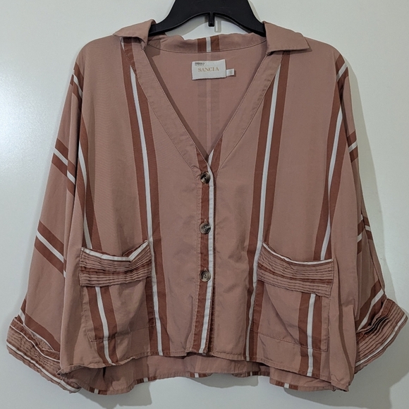 Sancia Vara Tencel Striped Boyfriend Shirt Size Large - Picture 2 of 10